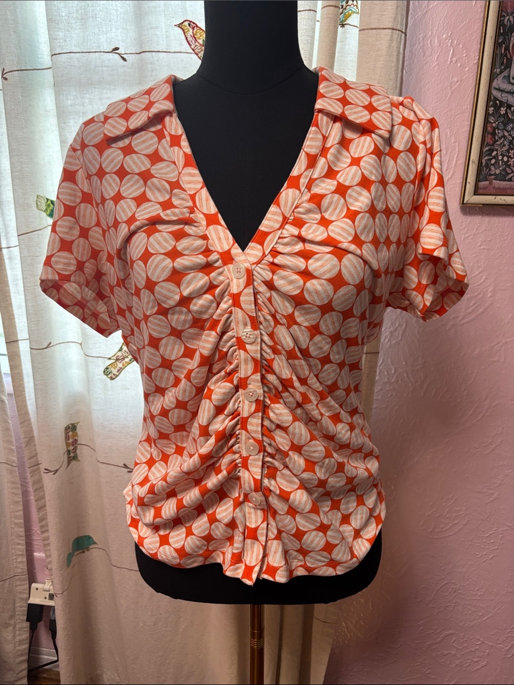 Anthropologie Orange and White Polka-Print Button Down Top from Mauve